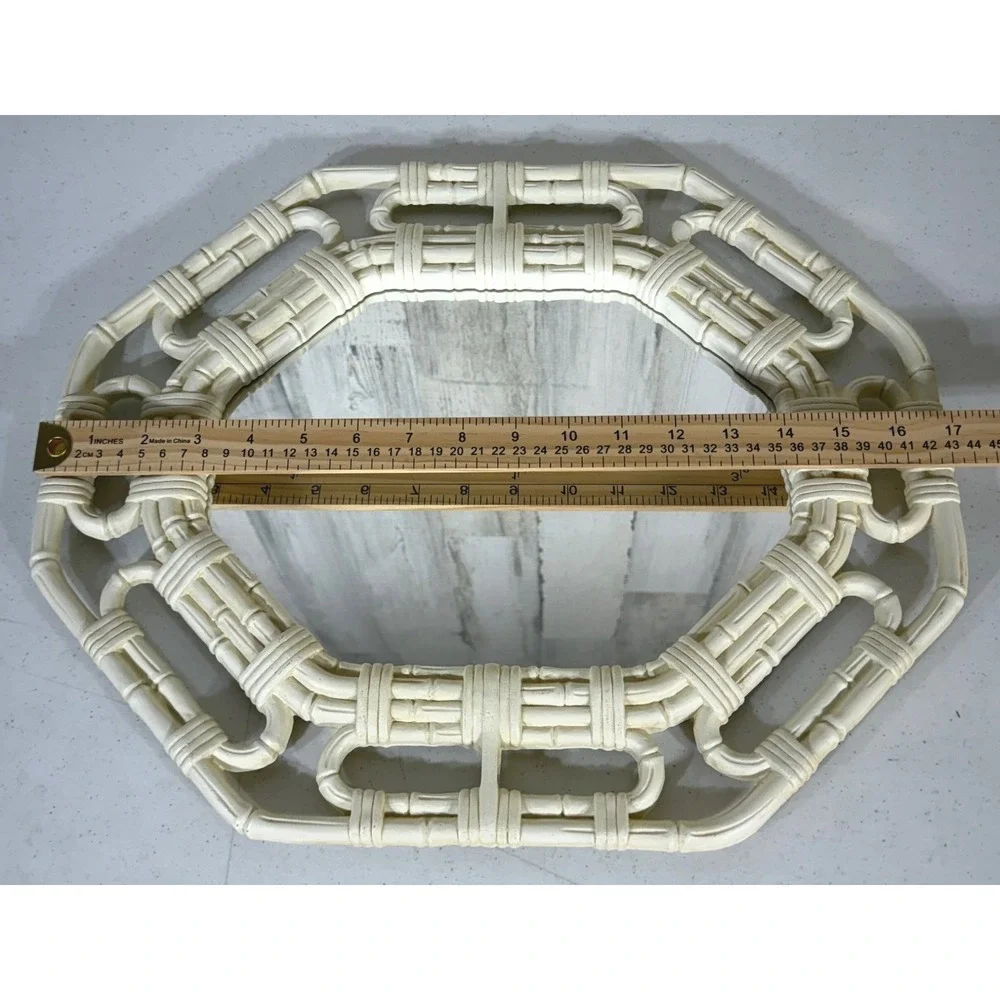 Homco Wall Mirror 17x14 Cream Faux Bamboo Octagon Vintage 1983 USA Boho Cottage